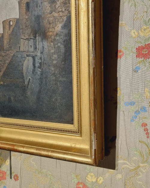 Importante olio su tela "l'ingresso al castello d'Angers.