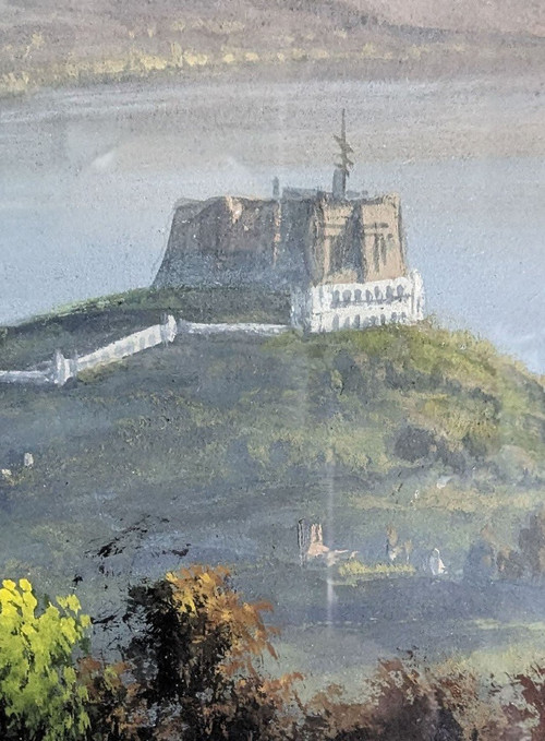 Grande Gouache Napoletano "camaldoli" Con Vista Sul Castello De L'Oeuf, Isola D'Ischia,