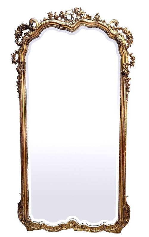 Large Mirror In Golden Wood, Napoleon III Period Gilding With Gold Leaf