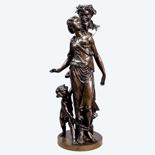 Young Girl And Satyr Bronze Group By Clodion (1738-1814) Bronze Sculpture With Brown Patina