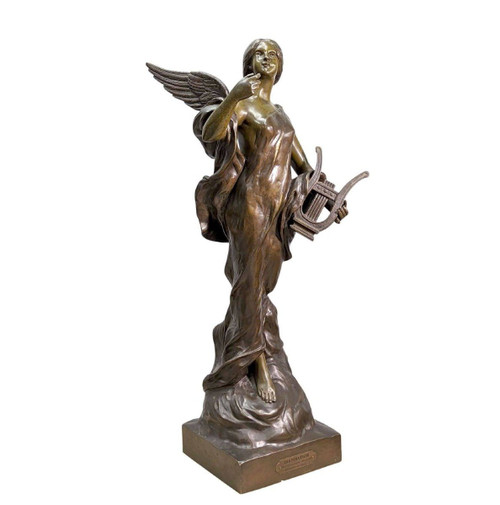 "ispirazione" Grande bronzo di giovane donna alata di Pierre Etienne Daniel Campagne.