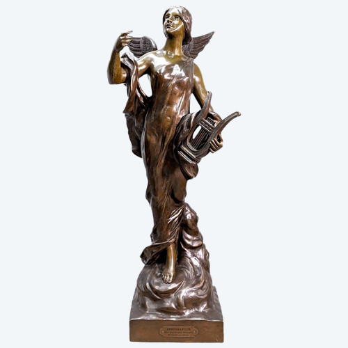 "ispirazione" Grande bronzo di giovane donna alata di Pierre Etienne Daniel Campagne.