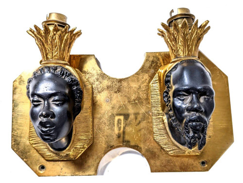 Pair Of Maison Baguès Bronze Sconces With Double Nubian Heads