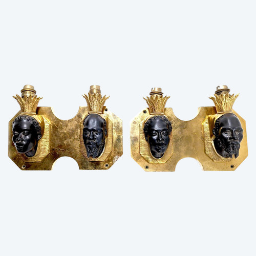 Pair Of Maison Baguès Bronze Sconces With Double Nubian Heads
