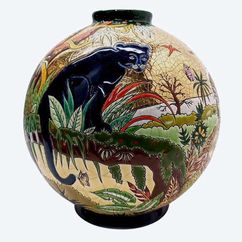 "the Panthers" Ball Vase In Longwy By Alain Thomas Height 25 Cm