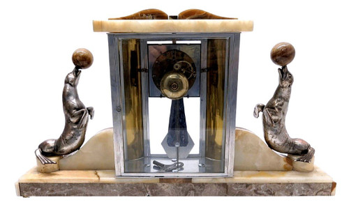 Pendolo Con Leoni Marini Base Onice Art Déco 1930