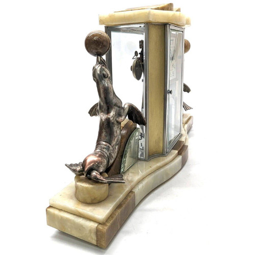Pendolo Con Leoni Marini Base Onice Art Déco 1930