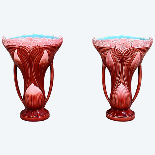 Pair of earthenware vases, stamped Digoin Sarreguemines - Late 19th century