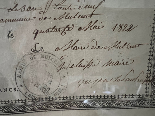 Luigi XVIII, 1822, Periodo di Restauro, Passaporto della città di Mulcent Yvelines 78, Datato 14 maggio 1822