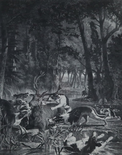 Vénerie, L.G.JADIN, hallali de cerf, lithographie, 1858