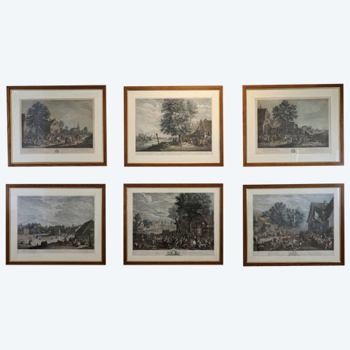 D.Teniers, J P Le Bas, Les Fêtes Flamandes, Suite De 6 Gravures Aquarellées, 18th century.