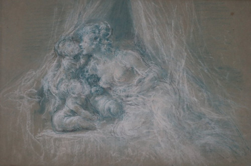 „Der Kuss“, erotische Zeichnung, blaue und weiße Kreide, 19. Jahrhundert, moderner Rahmen