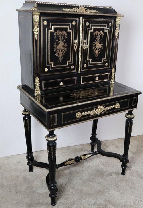Bonheur Du Jour Blackened Wood, Brass Marquetry, Napoleon III