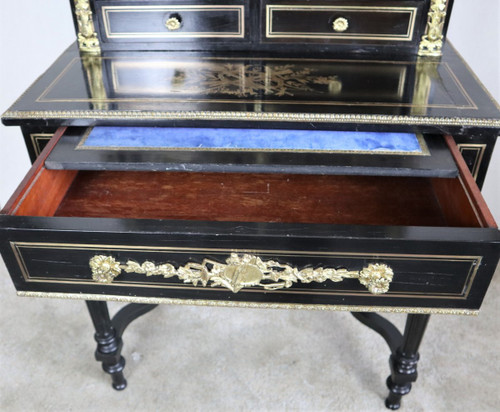 Bonheur Du Jour Blackened Wood, Brass Marquetry, Napoleon III