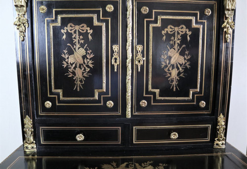 Bonheur Du Jour Blackened Wood, Brass Marquetry, Napoleon III