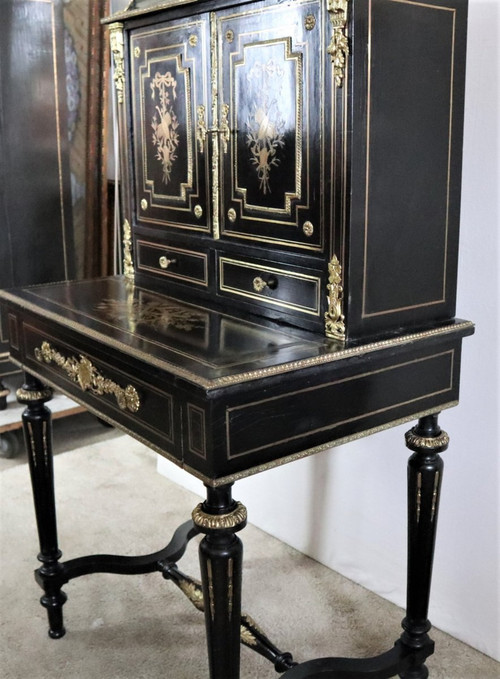 Bonheur Du Jour Blackened Wood, Brass Marquetry, Napoleon III