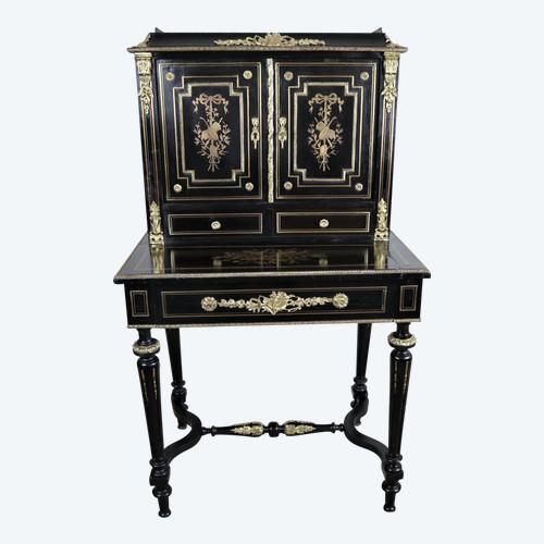 Bonheur Du Jour Blackened Wood, Brass Marquetry, Napoleon III