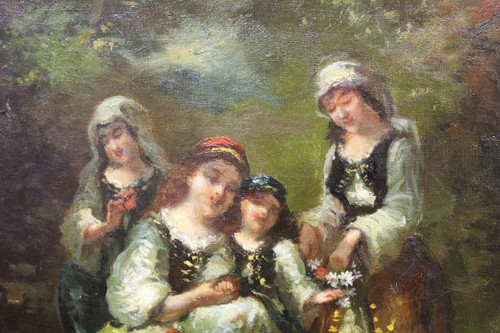 Huile Sur Toile Groupe De Jeunes Filles Célébrant Le Printemps Par Borgella Fin XIX