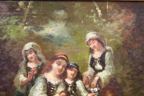 Huile Sur Toile Groupe De Jeunes Filles Célébrant Le Printemps Par Borgella Fin XIX