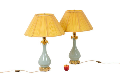 Pair Of Celadon And Bronze Porcelain Lamps, Circa 1880, LS4600722