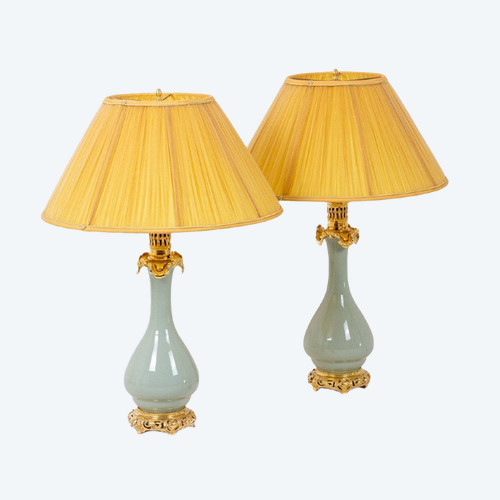 Pair Of Celadon And Bronze Porcelain Lamps, Circa 1880, LS4600722