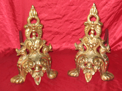 Pair of Renaissance-style bronze and wrought-iron landier andirons