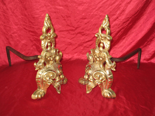 Pair of Renaissance-style bronze and wrought-iron landier andirons