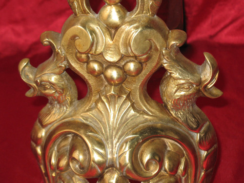 Pair of Renaissance-style bronze and wrought-iron landier andirons