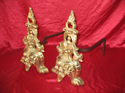 Pair of Renaissance-style bronze and wrought-iron landier andirons