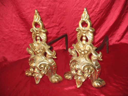 Pair of Renaissance-style bronze and wrought-iron landier andirons