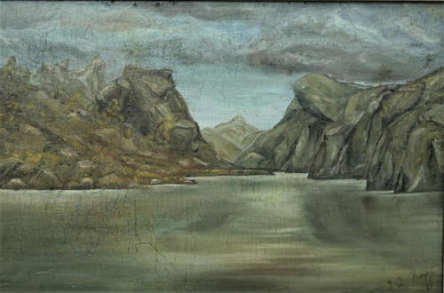 Paesaggio onirico, olio su tavola firmato, datato 1889