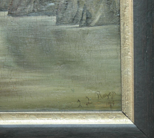 Paesaggio onirico, olio su tavola firmato, datato 1889
