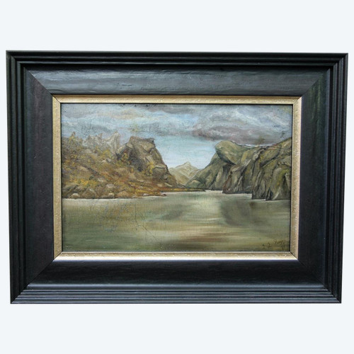 Paesaggio onirico, olio su tavola firmato, datato 1889
