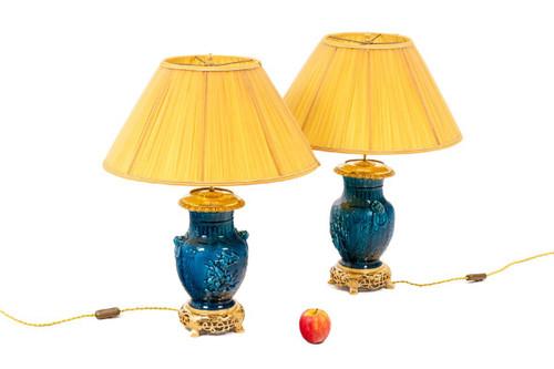 Coppia di lampade in ceramica e bronzo, 1880 circa, LS47581076