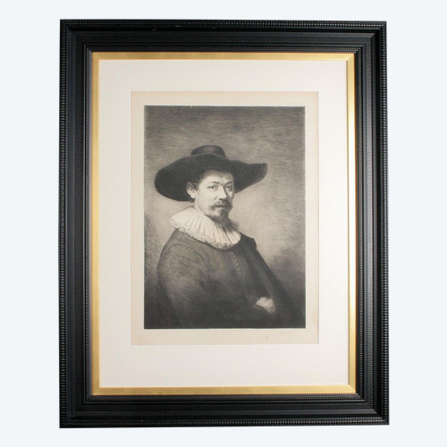 Gravure Sur Velin, Autoportrait, d'Aprés Rembrandt, 1884, Encadrée.