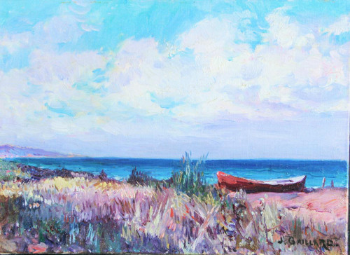 J Gaillard, Öl auf Leinwand, „Strand am Boot“