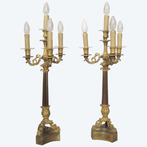 Pair Of Candelabras In Gilt And Patinated Bronze, Restoration Period, Electrified