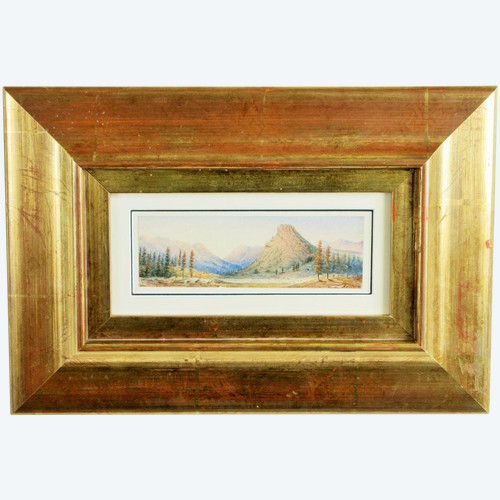 Vue Sur La Vallée, Watercolor, American School In A Large Antique Gold Frame