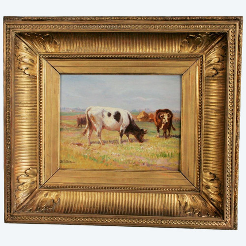J Desvareux-larpenteur,"vaches Au Pré" Huile Sur Panneau
