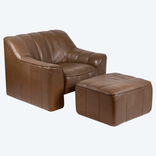 Fauteuil et son ottoman en cuir, années 1970, LS48011051