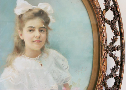 Buyle F,Pastell, "jeune Fille Au Bouquet De Roses" 1910