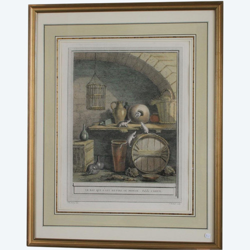 Oudry, 18th century framed color print, La Fontaine fables
