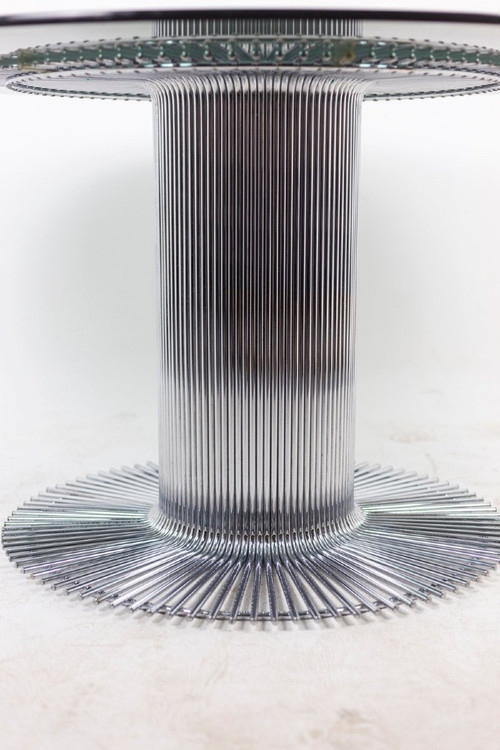 Gastone Rinaldi, tavolo rotondo in metallo cromato e vetro fumé, anni '70, Ls4690751