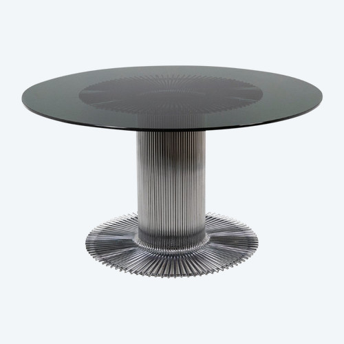 Gastone Rinaldi, tavolo rotondo in metallo cromato e vetro fumé, anni '70, Ls4690751