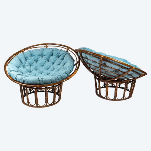 Coppia di poltrone “Papasan” in rattan e tessuto trapuntato, anni '70, LS43301351