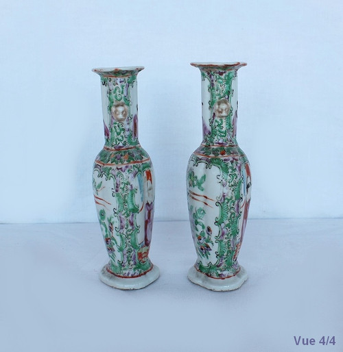 Pair of Small Canton Porcelain Baluster Vases - 19th century