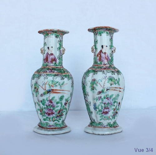 Pair of Small Canton Porcelain Baluster Vases - 19th century