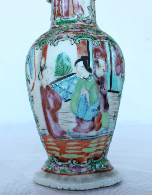 Pair of Small Canton Porcelain Baluster Vases - 19th century
