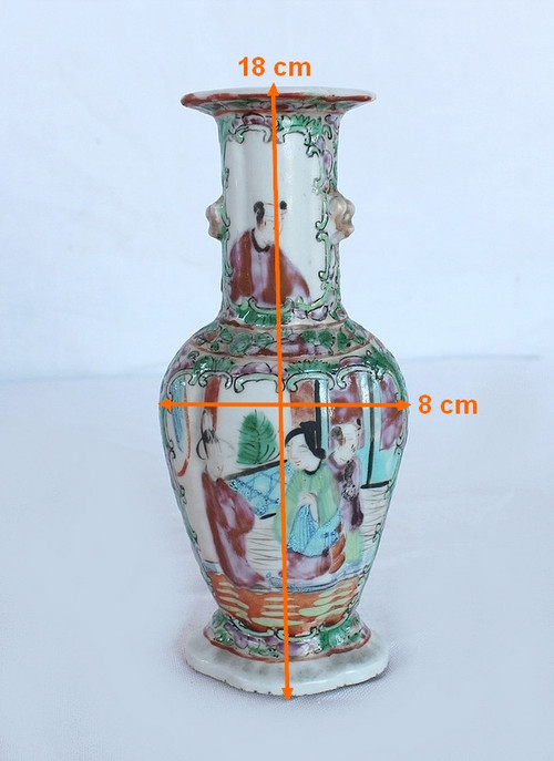 Pair of Small Canton Porcelain Baluster Vases - 19th century
