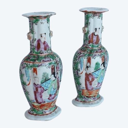 Pair of Small Canton Porcelain Baluster Vases - 19th century